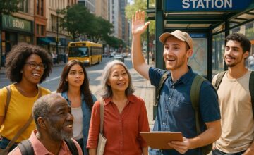 People on a walking tour at a public transit station in a vibrant urban area