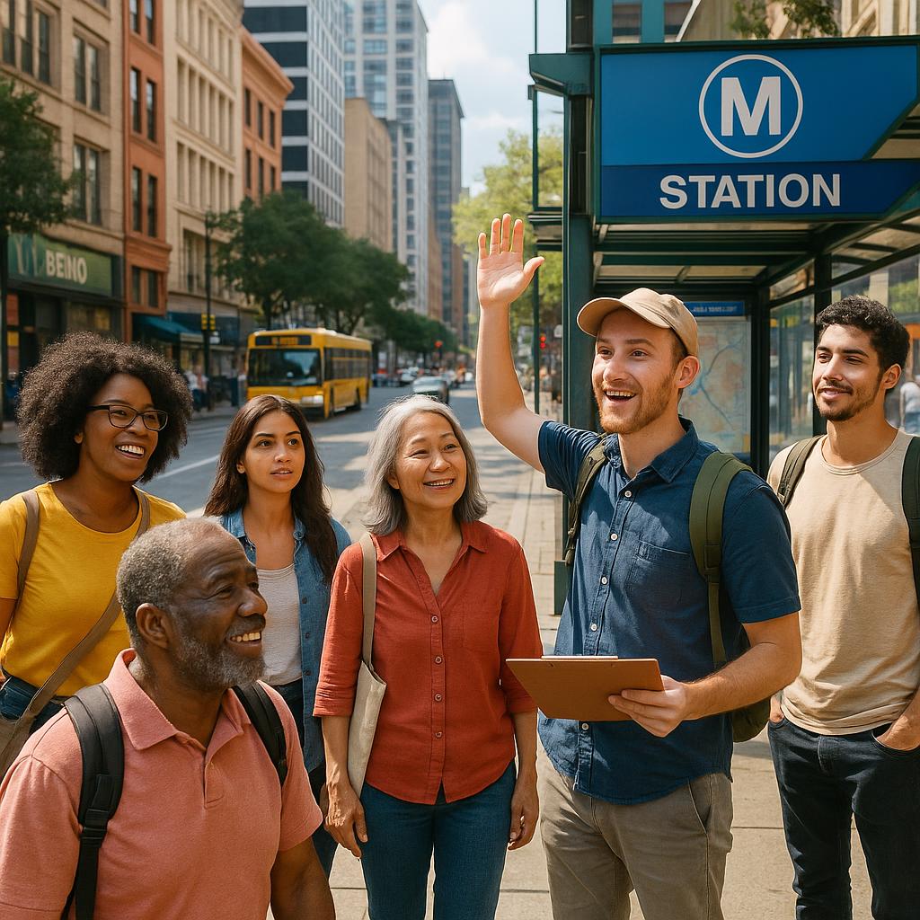 People on a walking tour at a public transit station in a vibrant urban area
