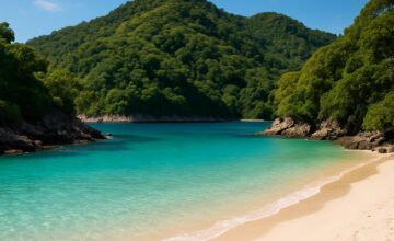 A tranquil hidden island beach with turquoise water and green hills