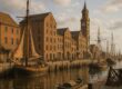 Historic port city with old docks and water transport