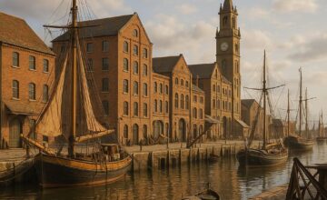 Historic port city with old docks and water transport