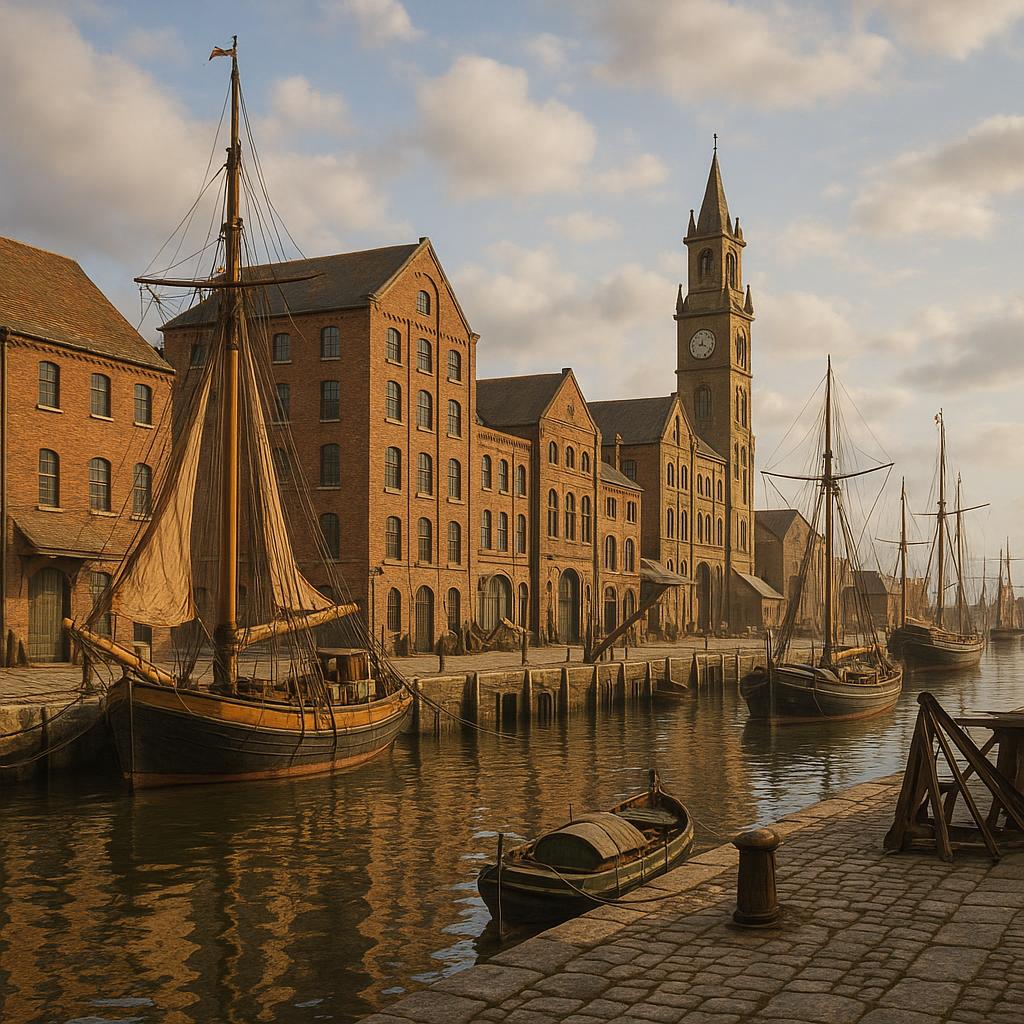 Historic port city with old docks and water transport