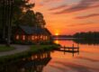 Lakefront cottage with parking and dock at sunset