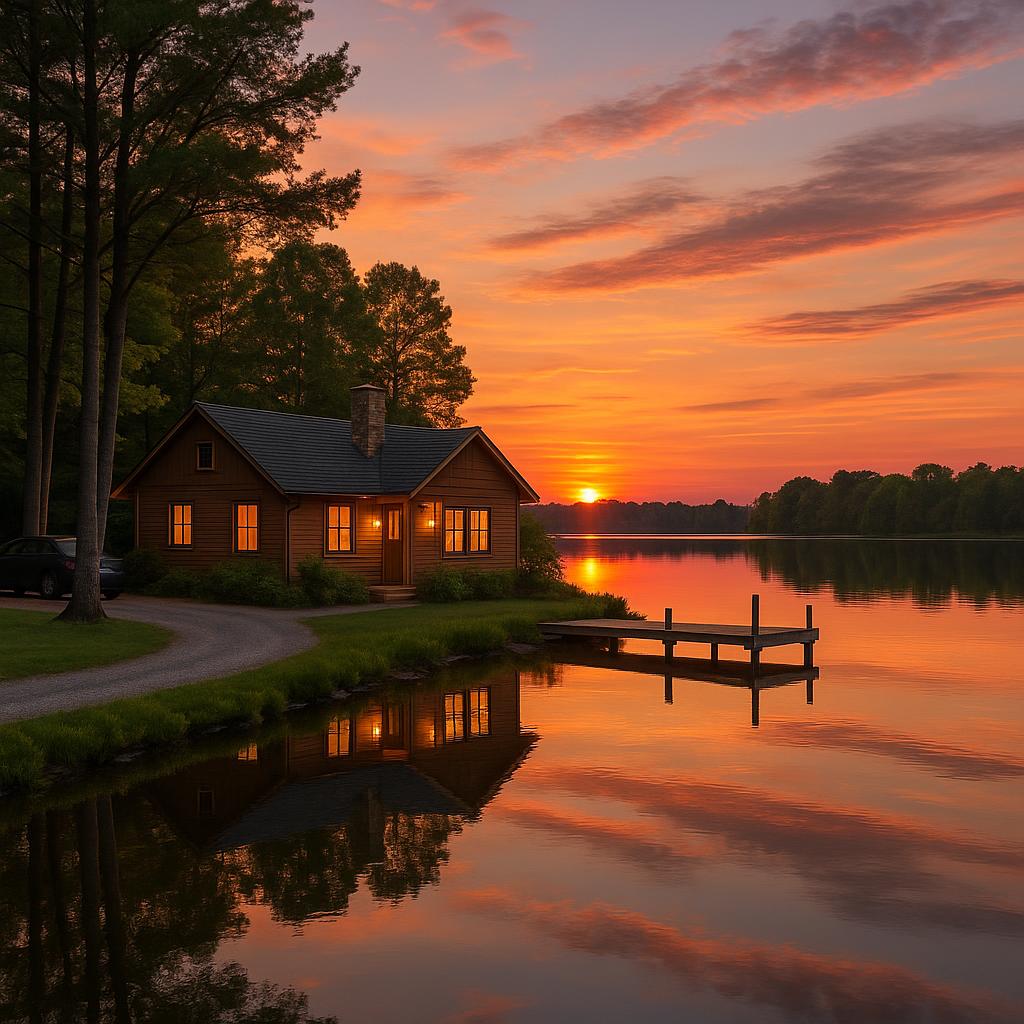 What Are the Best Lakefront Cottages with Parking Included? 2 Lakefront cottage with parking and dock at sunset