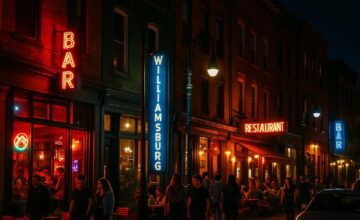 Williamsburg, Brooklyn nightlife at night with well-lit streets and bars