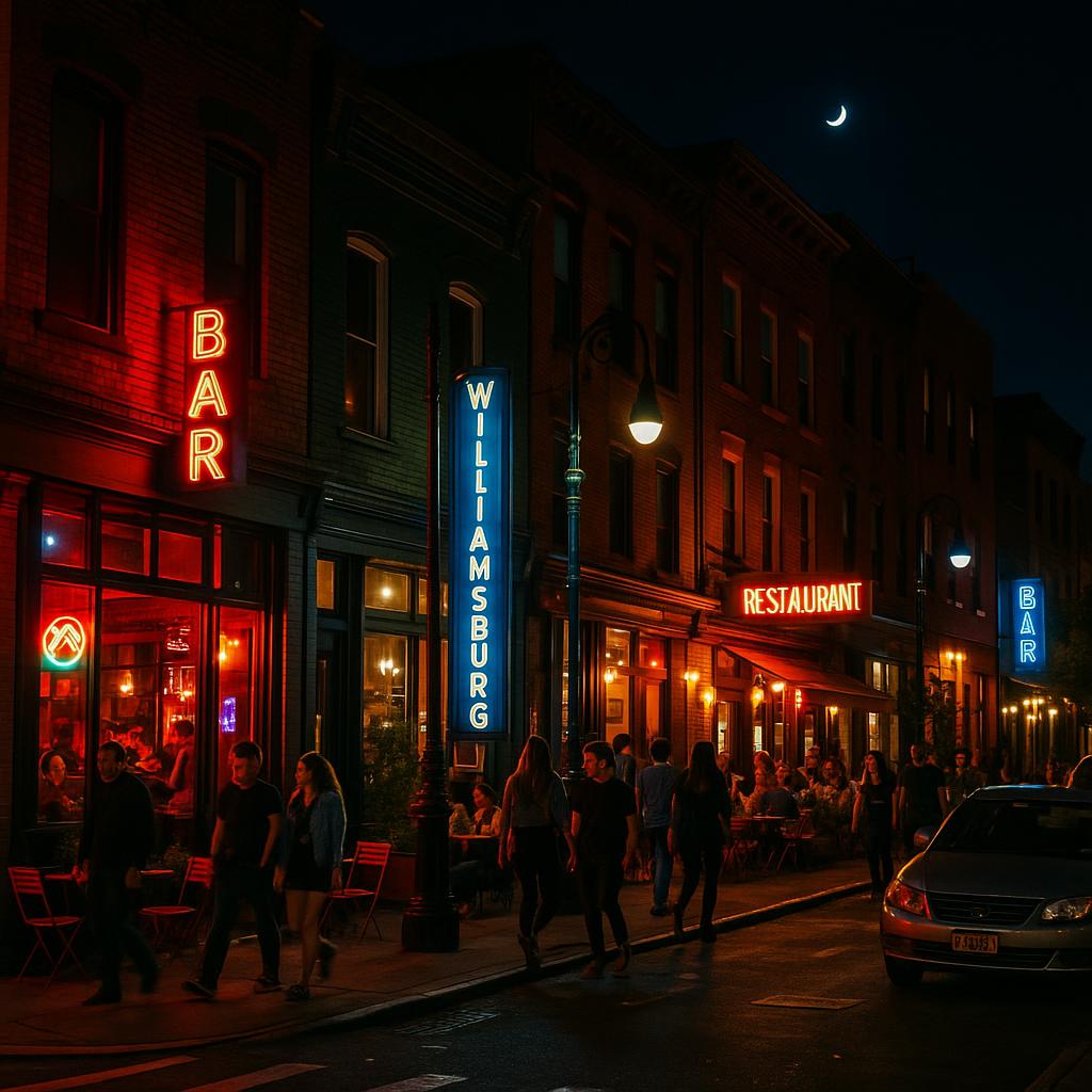 Williamsburg, Brooklyn nightlife at night with well-lit streets and bars