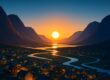 Midnight sun shining over an Arctic town surrounded by rivers and mountains during summer.