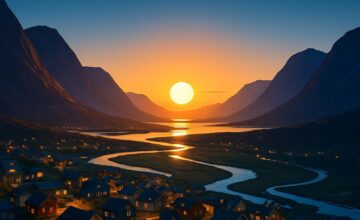 Midnight sun shining over an Arctic town surrounded by rivers and mountains during summer.