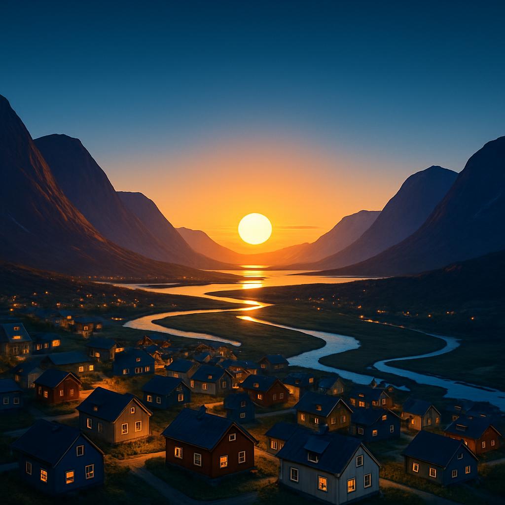 Midnight sun shining over an Arctic town surrounded by rivers and mountains during summer.