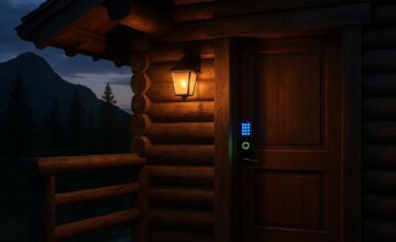 Mountain cabin entrance with smart lock glowing at dusk