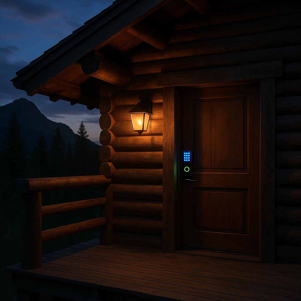 Mountain cabin entrance with smart lock glowing at dusk