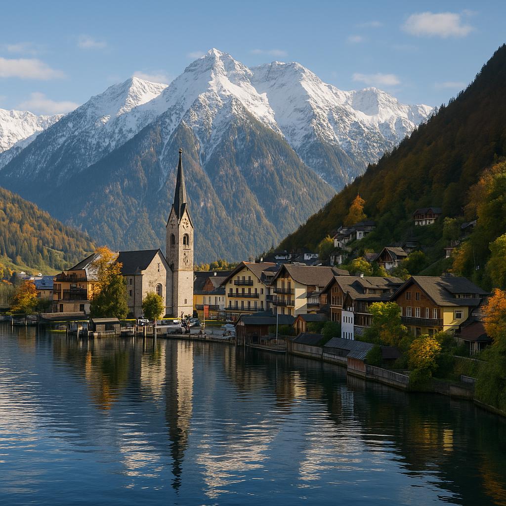 Lake view of a quiet mountain town with snow-capped peaks