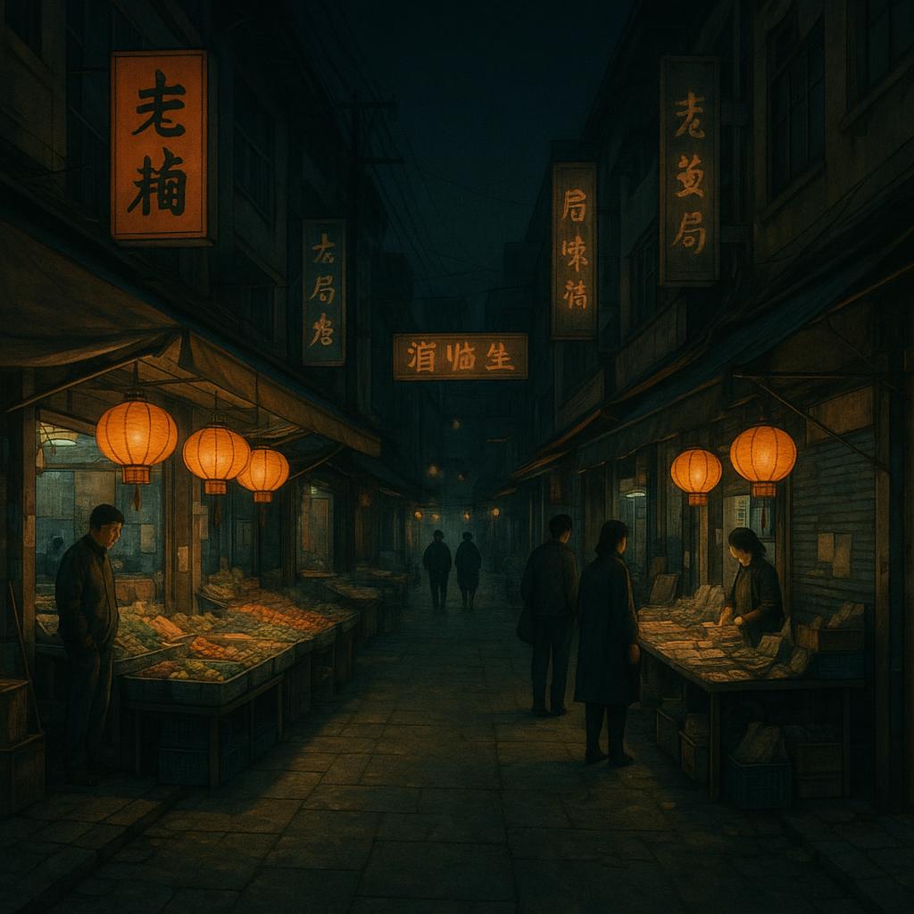 Less crowded night market street with local stalls and few people