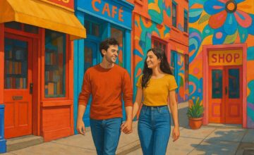 Couple exploring vibrant urban neighborhood with colorful street art and cafes