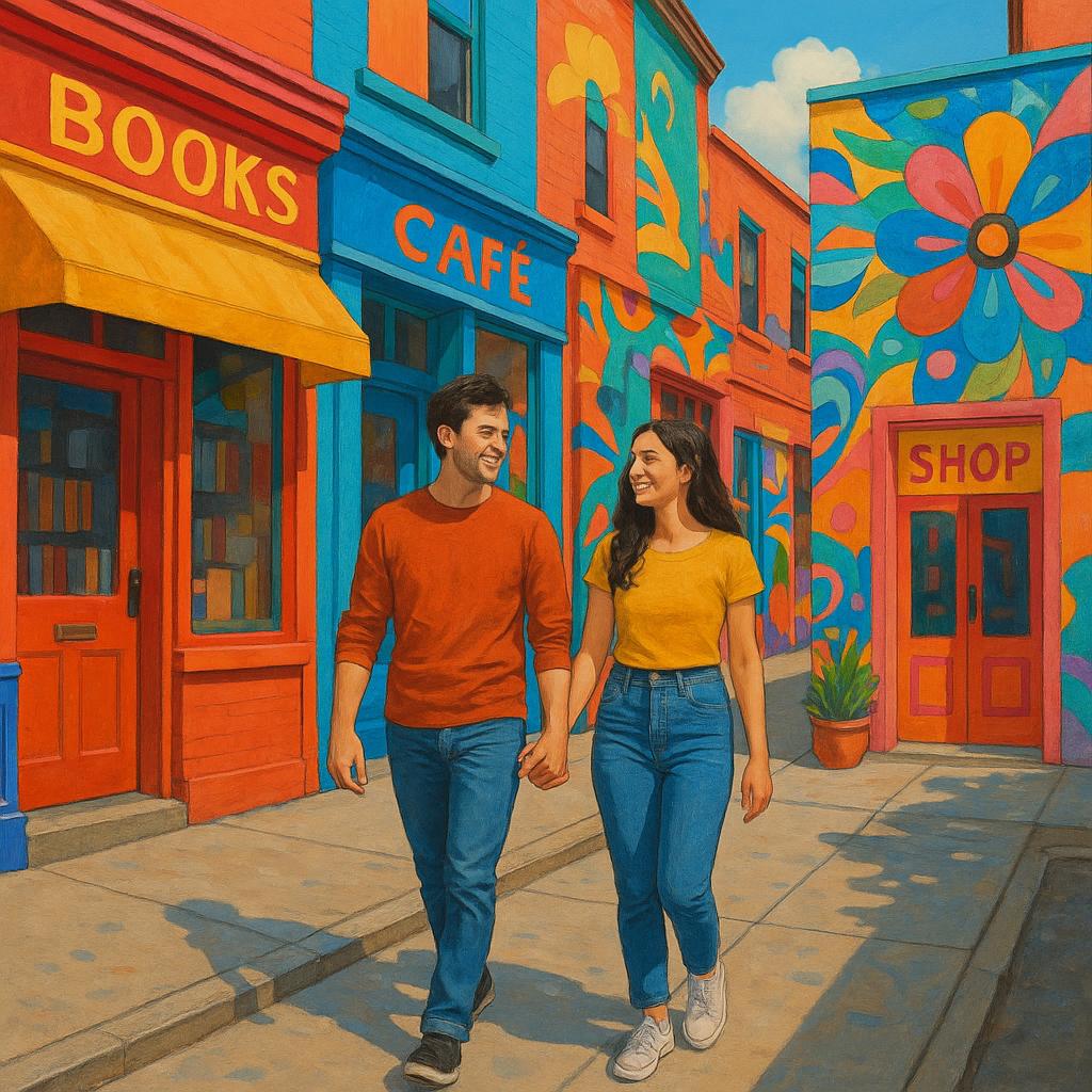 Couple exploring vibrant urban neighborhood with colorful street art and cafes