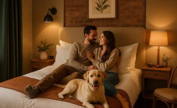 Boutique hotel room welcoming a couple and their dog