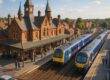 Historic railway station with modern trains in a charming town