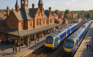 Historic railway station with modern trains in a charming town