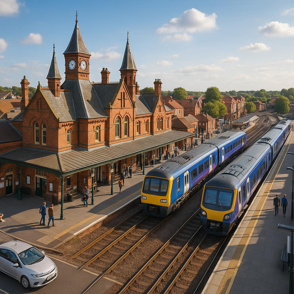 Historic railway station with modern trains in a charming town