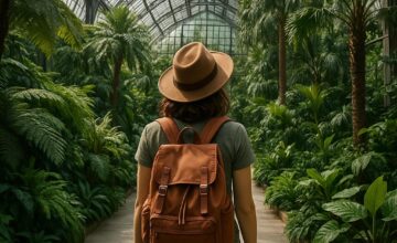 Solo traveler at indoor botanical garden surrounded by plants and large glass windows