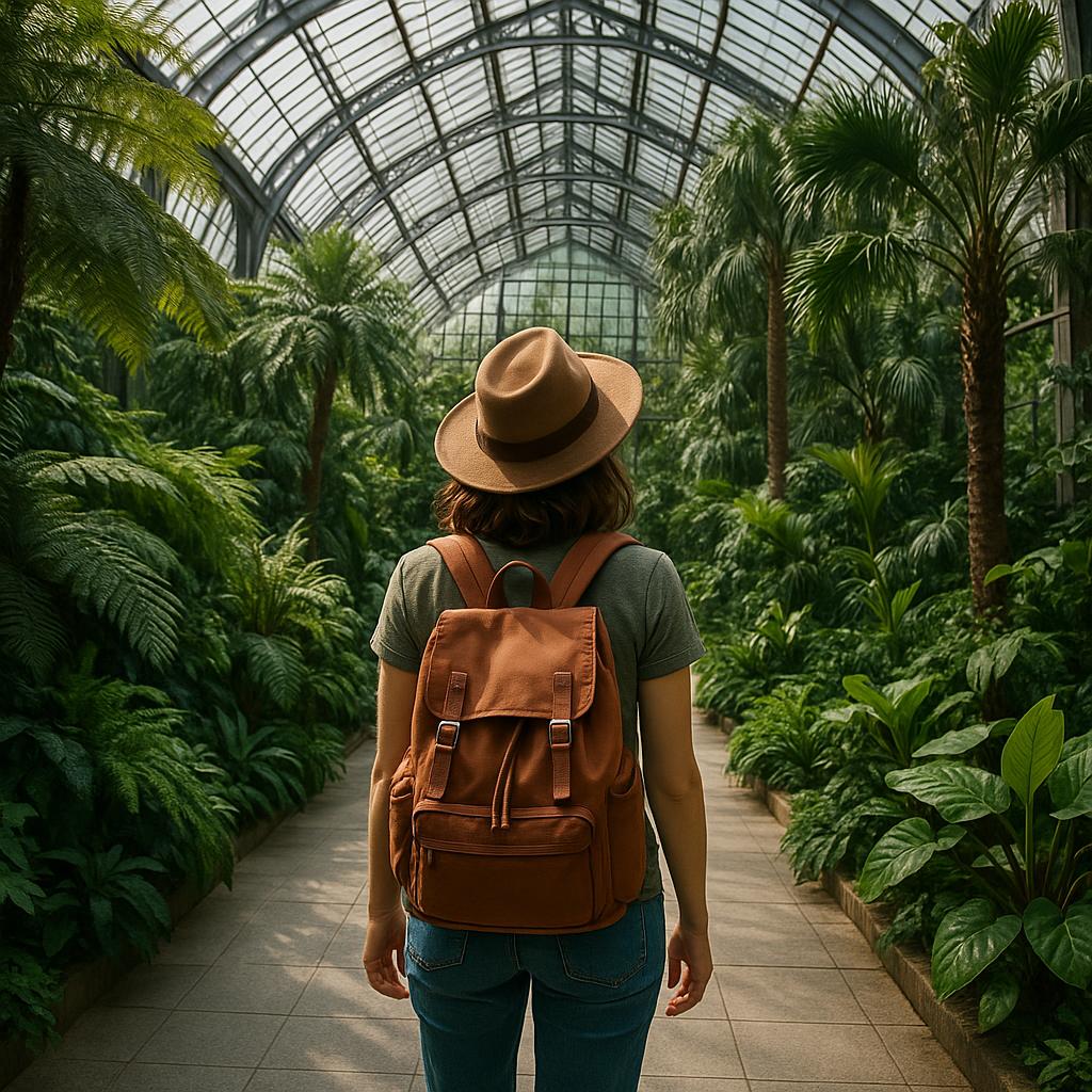 Solo traveler at indoor botanical garden surrounded by plants and large glass windows