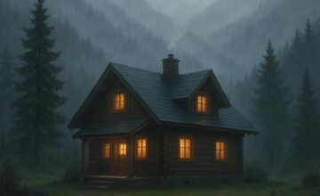 Rainy-season mountain lodge with misty hills