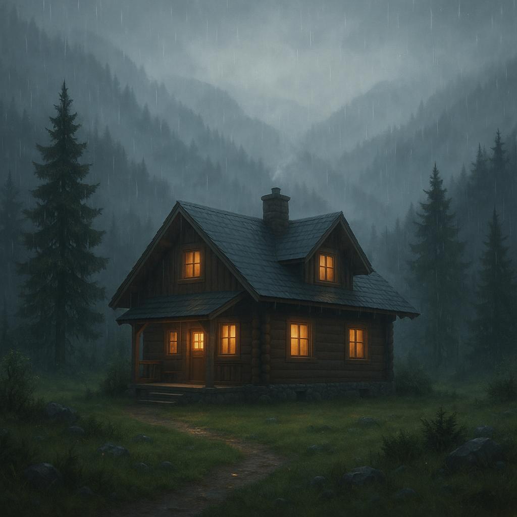 Rainy-season mountain lodge with misty hills