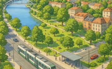 Riverfront neighborhood with park and transit stations along the river