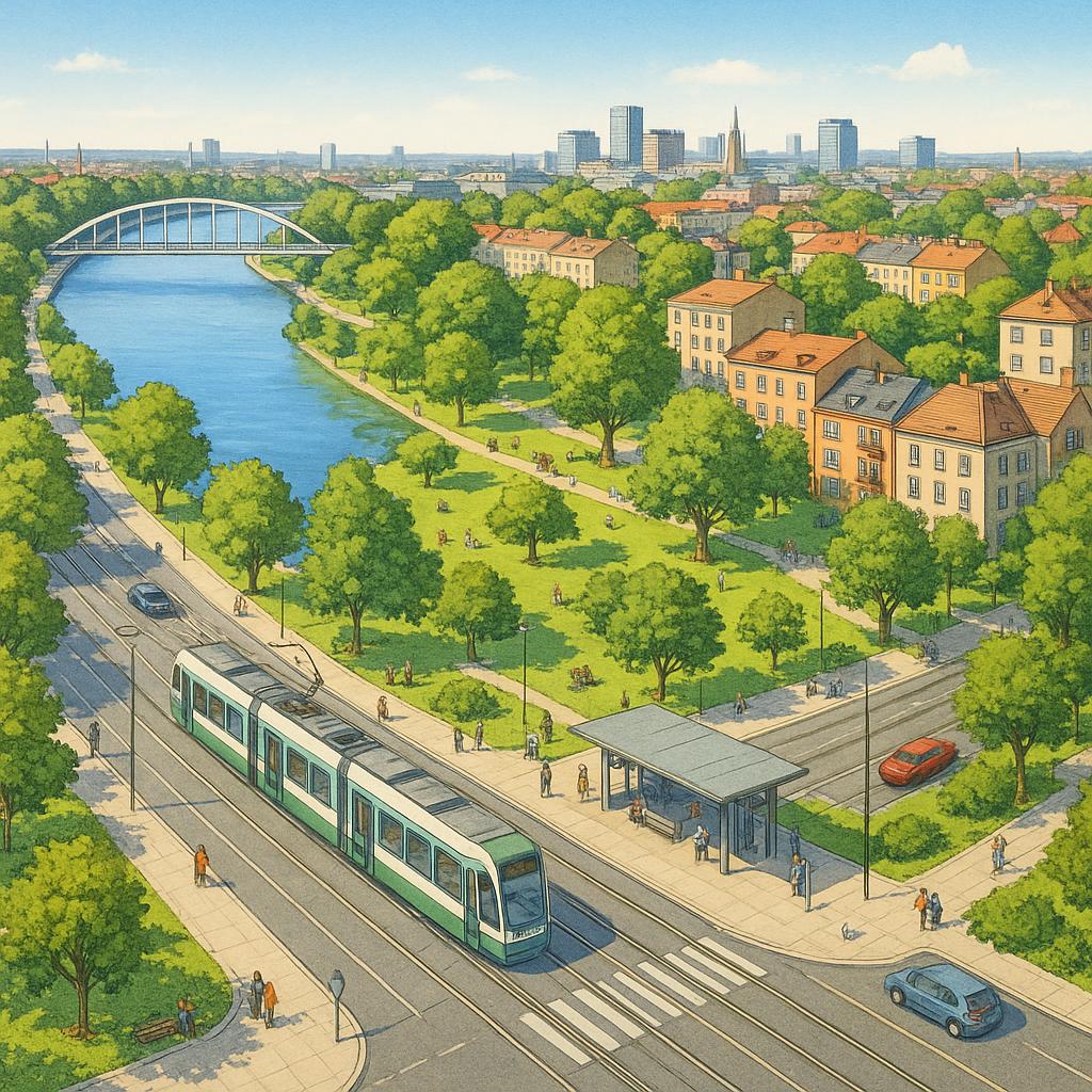 Riverfront neighborhood with park and transit stations along the river