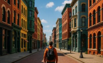 Person walking in historic urban neighborhood with diverse architecture