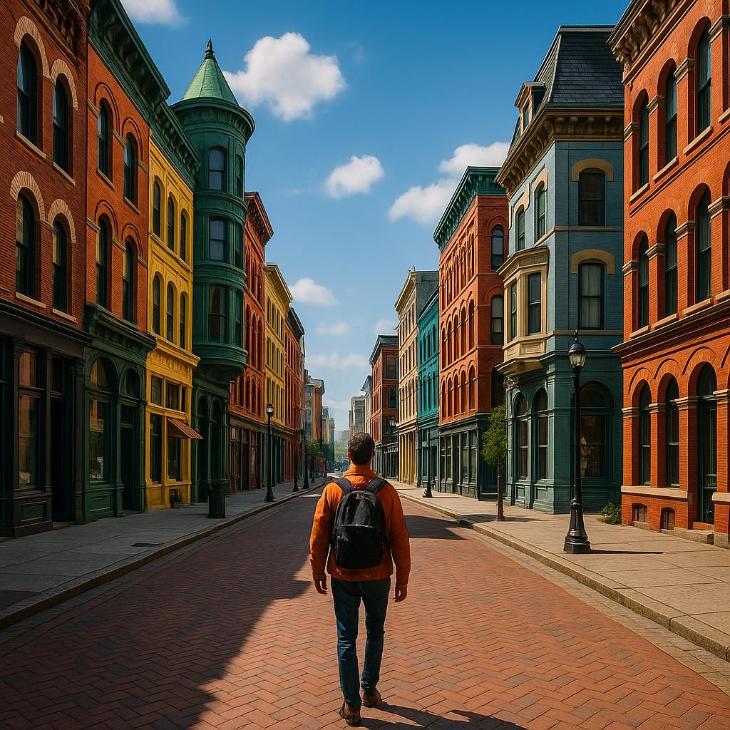 Person walking in historic urban neighborhood with diverse architecture