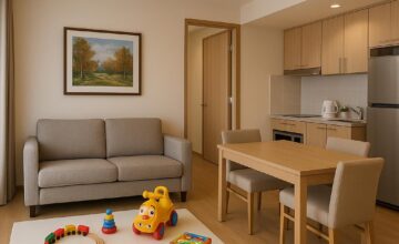 Child playing in a safe, spacious serviced apartment with toys and kitchen area
