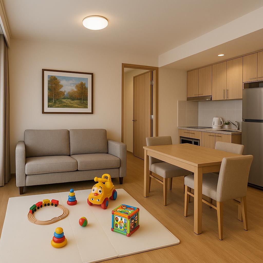 Child playing in a safe, spacious serviced apartment with toys and kitchen area