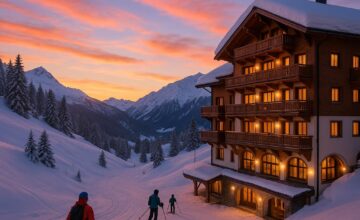 Ski-in ski-out hotel with quiet snowy mountain background