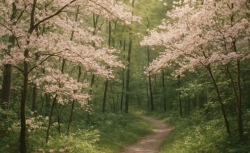 A peaceful trail lined with blooming spring flowers in a remote forest