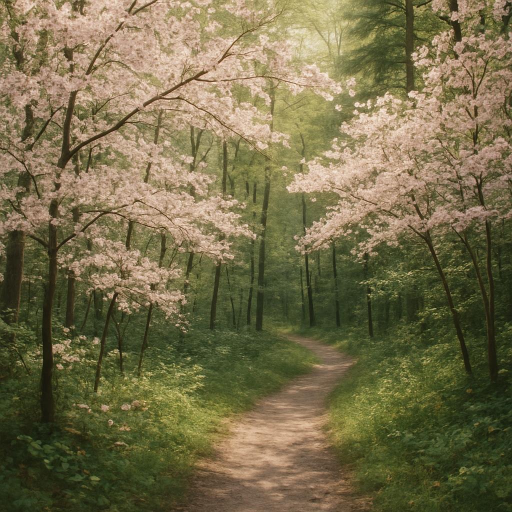 A peaceful trail lined with blooming spring flowers in a remote forest