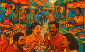 Vibrant street food market bustling with locals and diverse food stalls