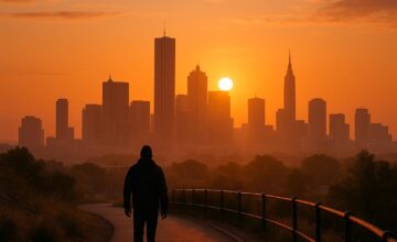 Person embarking on sunrise-to-sunset city challenge with buildings and morning light