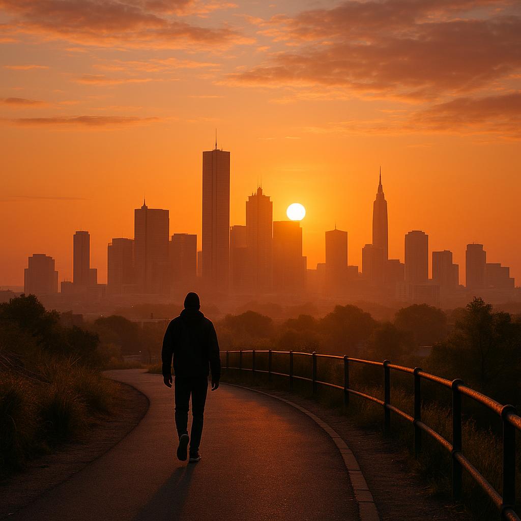 Person embarking on sunrise-to-sunset city challenge with buildings and morning light
