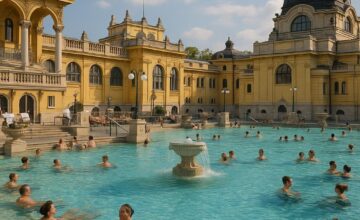 People enjoying thermal baths in historic spa town