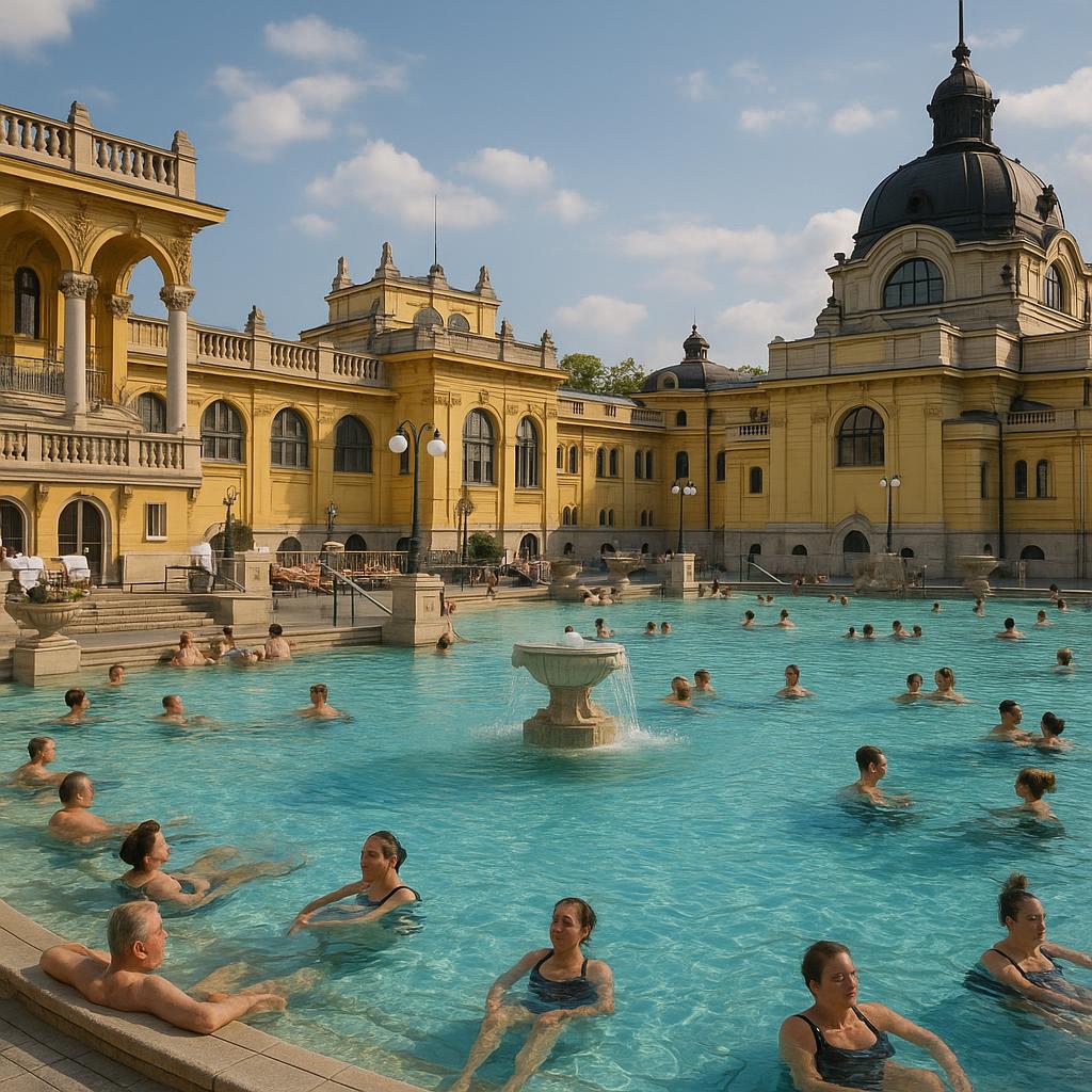 People enjoying thermal baths in historic spa town
