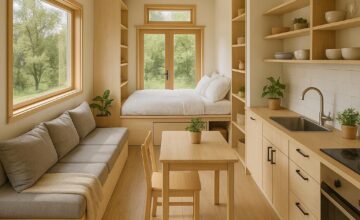 Interior of a tiny home showcasing efficient design and multifunctional furniture