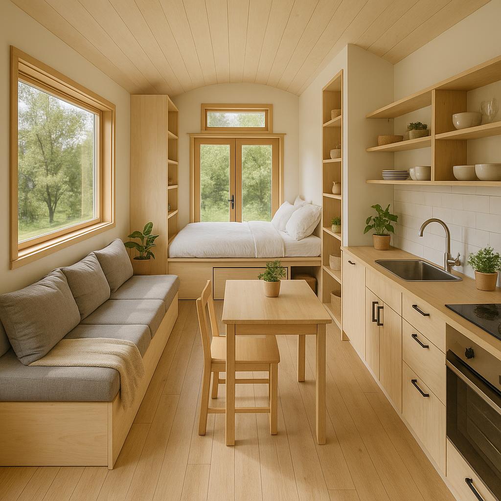 Interior of a tiny home showcasing efficient design and multifunctional furniture