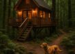 Pet-friendly treehouse lodge in forest with dog on trail