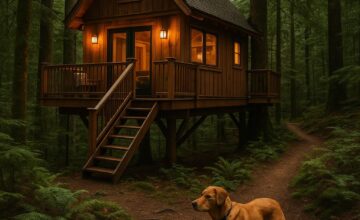 Pet-friendly treehouse lodge in forest with dog on trail