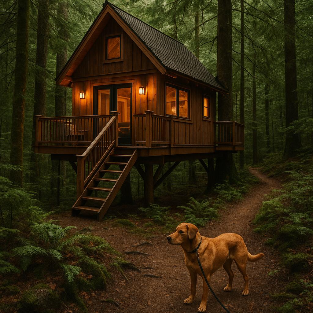 Pet-friendly treehouse lodge in forest with dog on trail