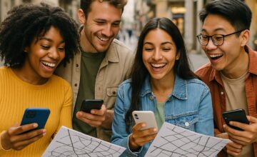 People engaged in urban treasure hunt in city with smartphones and maps