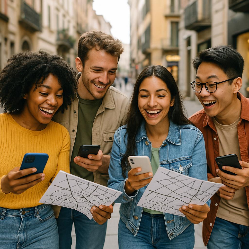 People engaged in urban treasure hunt in city with smartphones and maps