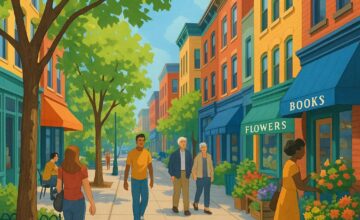 Walkable urban neighborhood with people walking and local shops