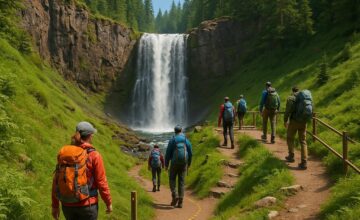 Hikers on safe trails visiting a picturesque waterfall